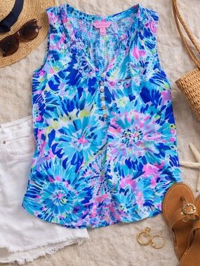Lilly Pulitzer Essie Top Dive In Print Sleeveless Smocked Tie Dye Summer Size S